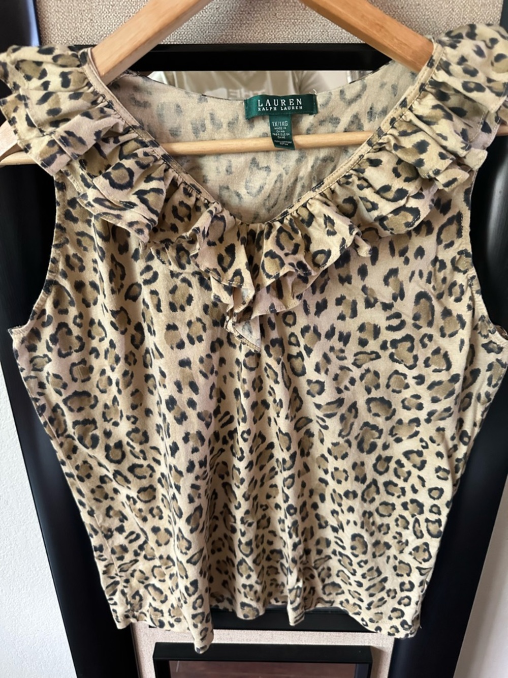 Lauren Ralph Lauren Beige and Black Leopard Ruffle Sleeveless Camisole